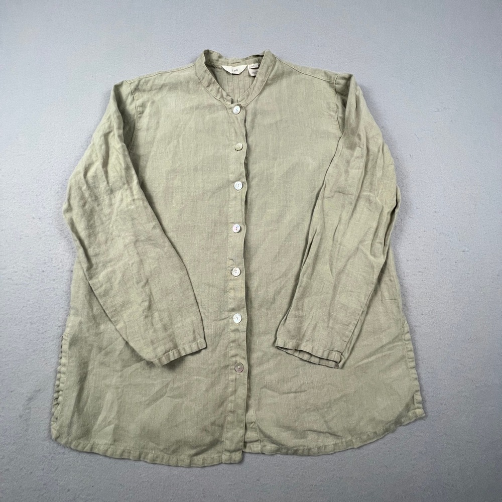 J. Jill Linen Button Down Tunic Womens MP Petite Green Pleated Back Coastal Boho